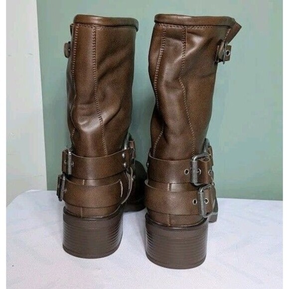 Women Mid Calf Boots PU Square Toe Motorcycle Adjustable Buckles Riding 8.5 & 9 - Picture 8 of 14